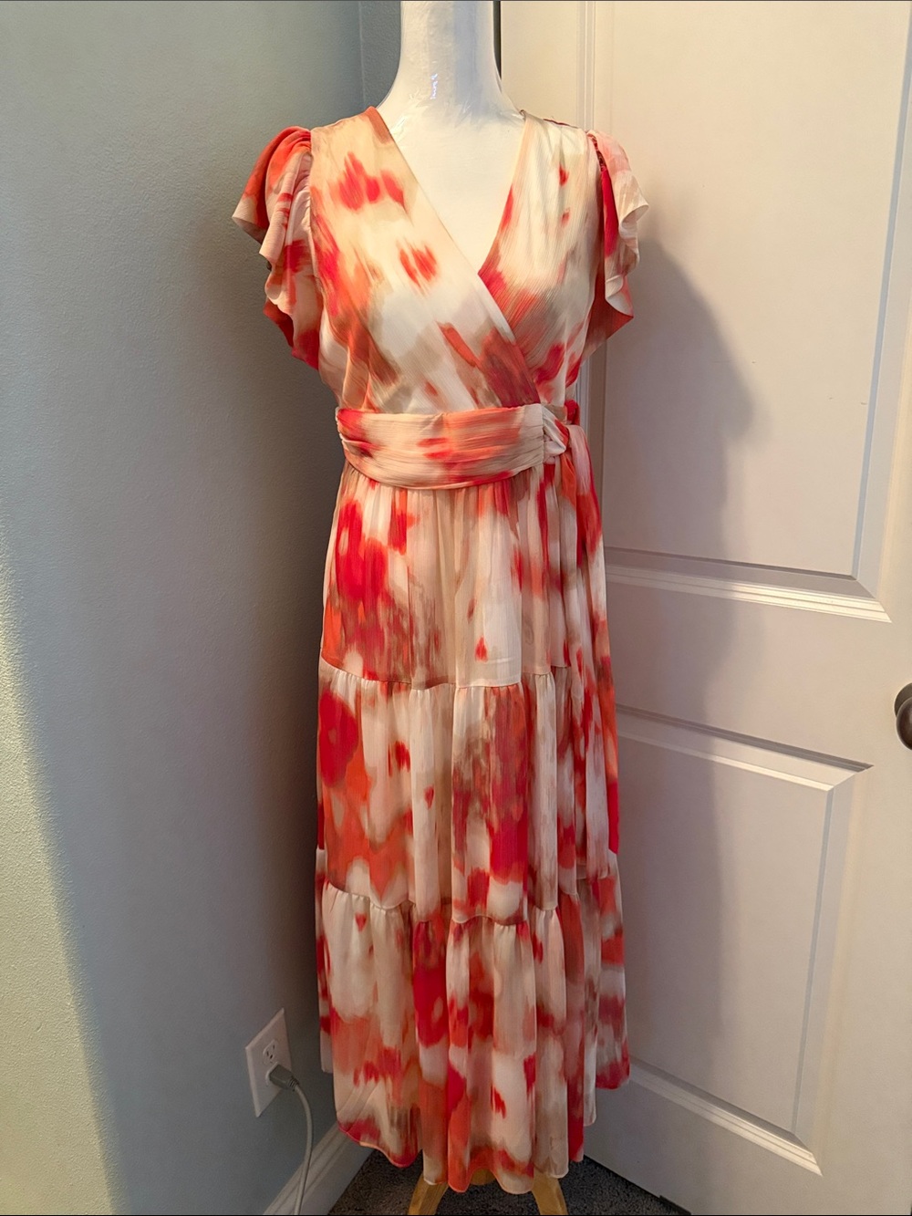 DKNY Coral and Cream Watercolor Wrap Maxi Dress